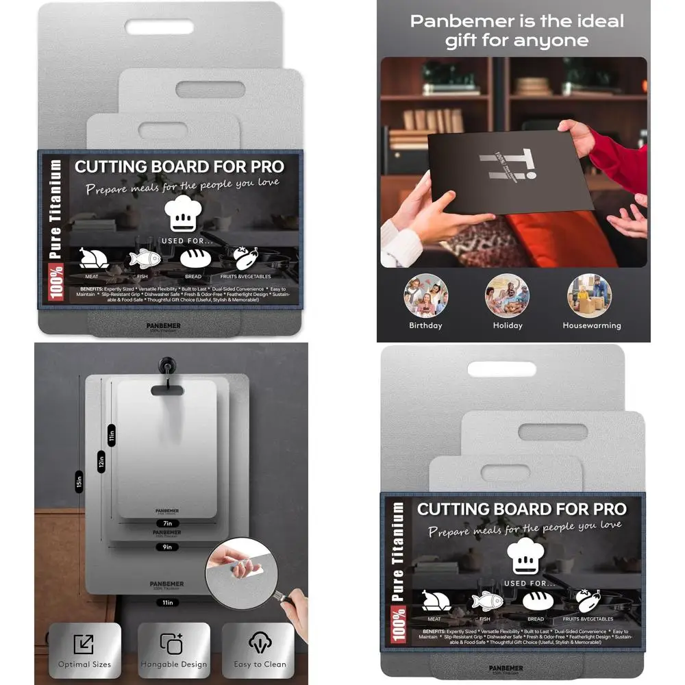 

Set of 3 Pure Titanium Kitchen Cutting Boards, Food-Grade, Non-Toxic, Dishwasher Safe, Easy Clean - 10, 12, 16