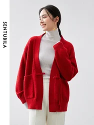 SENTUBILA Czerwony luźny kardigan z dzianiny dla kobiet 2024 Winter V Neck Long Sleeve Pockets Fashion Female Knitwear W43E56600