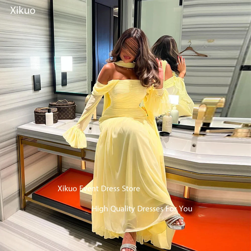 

Xikuo Yellow Ruched Chiffon Evening Dresses Long Bell Sleeves One Shoulder Vestidos De Gala Bright A Line Prom Dress Customized