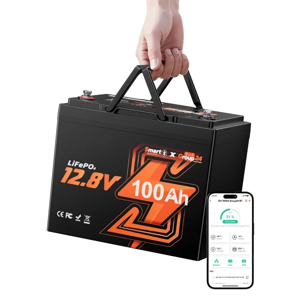 

Комплект из 2 литиевых аккумуляторов 12В 100Ач для автодомов, типоразмер 24, с Bluetooth, LiFePO4 | Защита от низких температур | Миниатюрный размер | Индивидуальный заказ