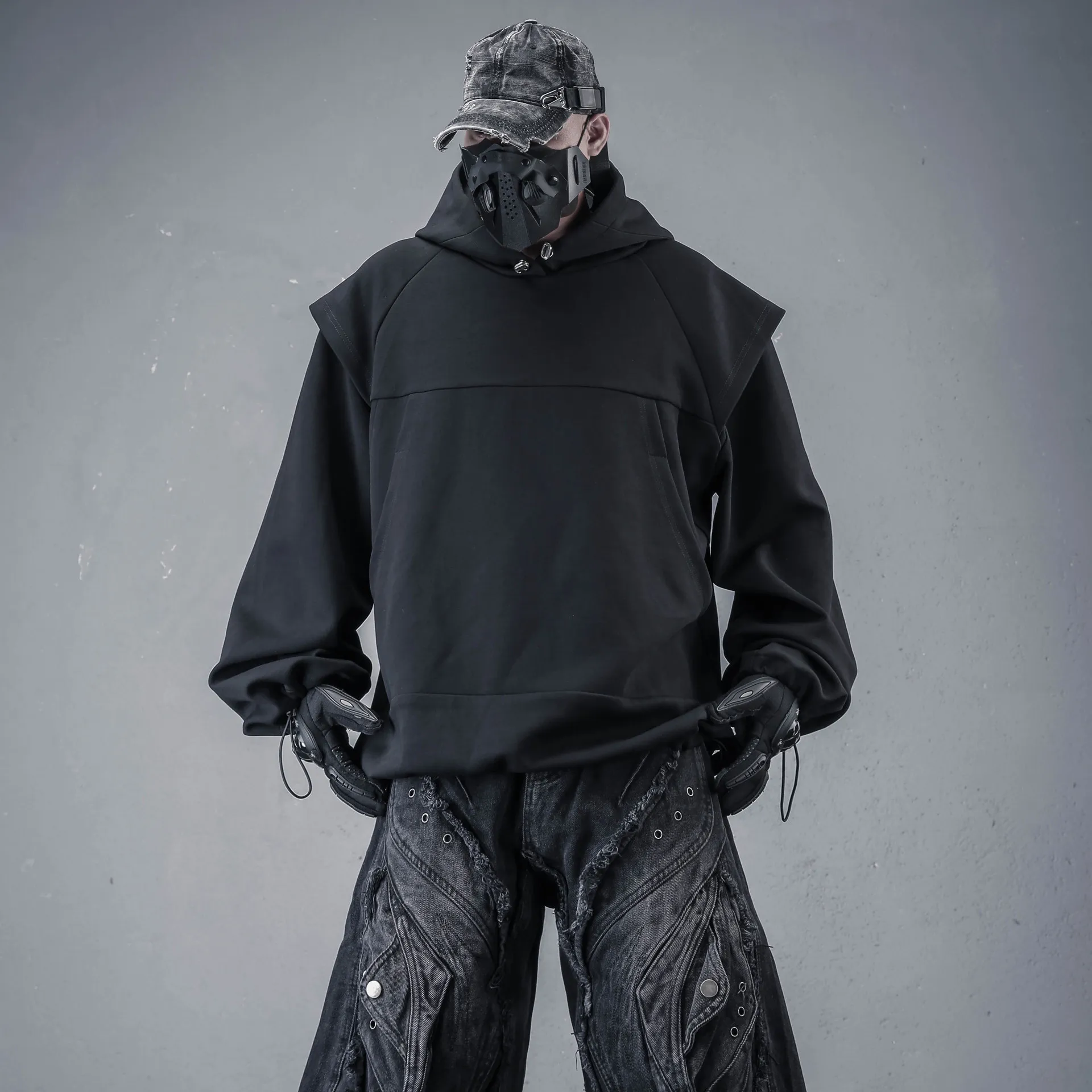LZ Dark Techwear Style Fake Two-Piece Design Sweater Heavy Fabric Profile Drawstring Hooded Pullover Hoodie