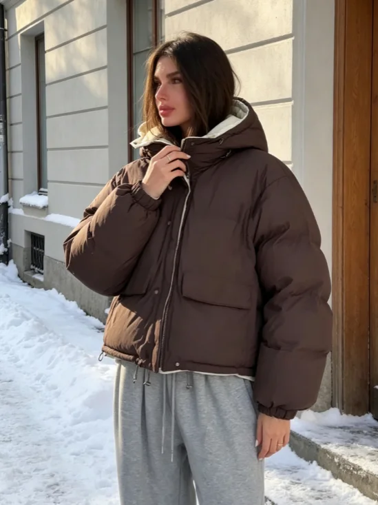Women Fashion Contrasting Hooded Puffer Jacket Long Sleeve Single-breasted Pocket Loose Coat Lady Winter Daily Street Outerwear