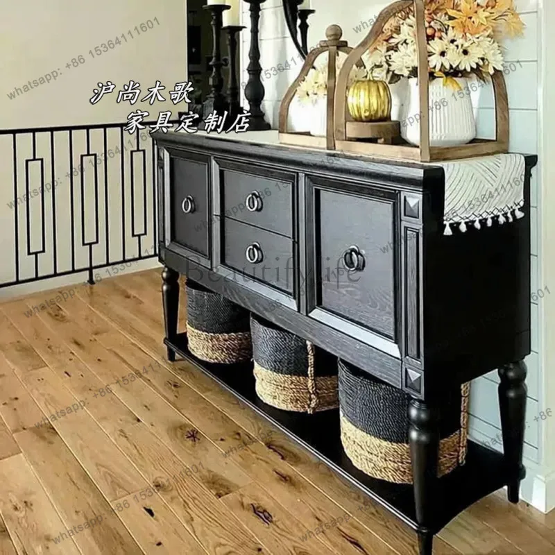 

French retro solid wood porch black simple locker partition