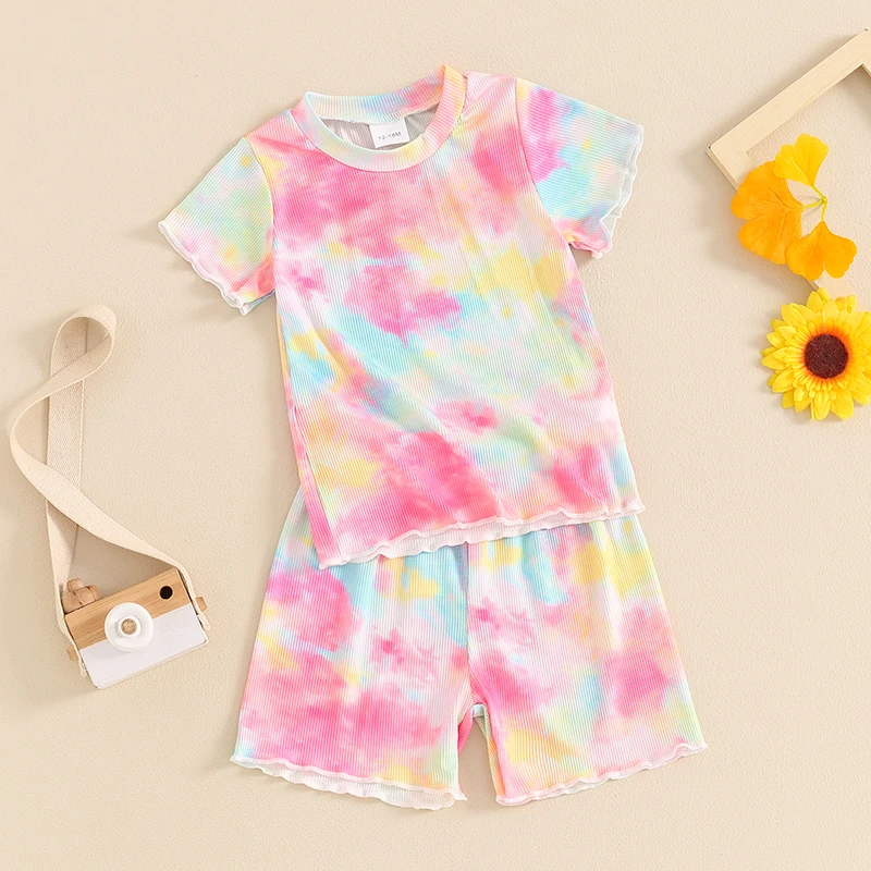 Toddler Girl Summer Outfit Tie-Dye Print Round Neck Short Sleeve Tops and Shorts 2Pcs Clothes Set