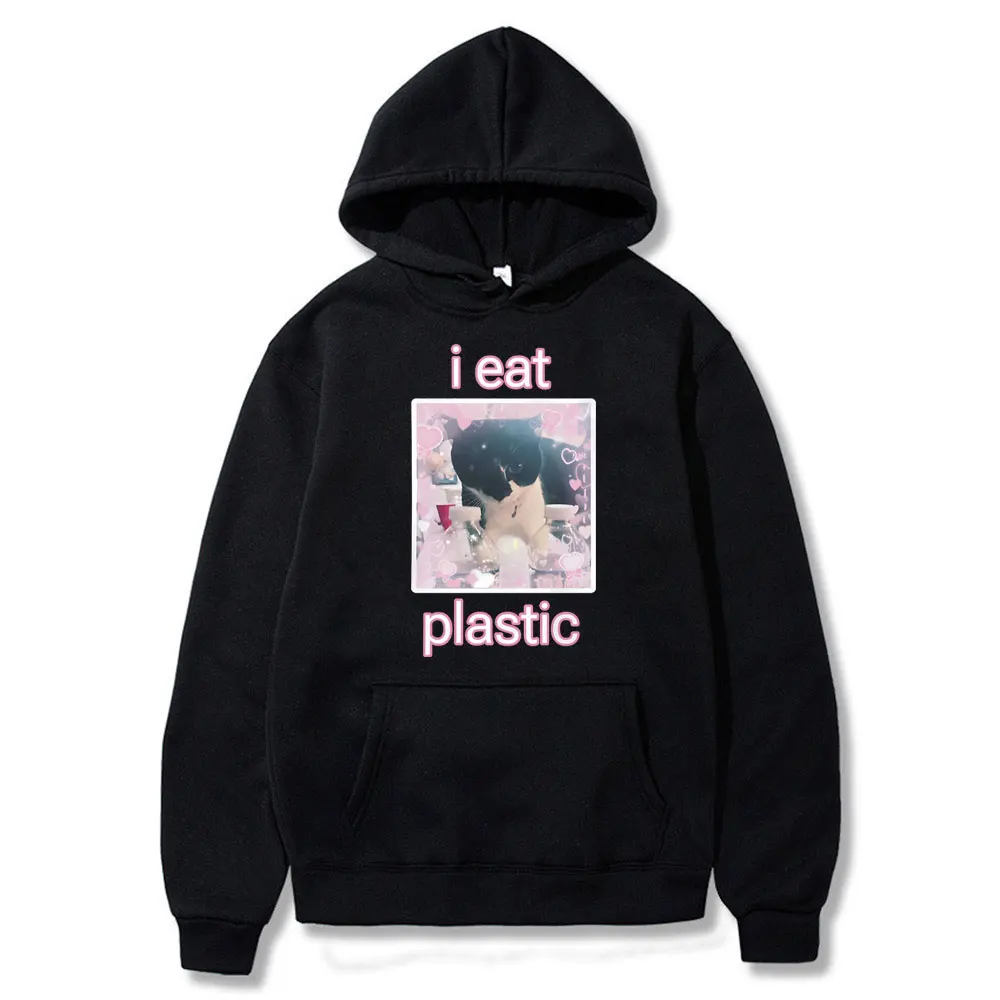 

Funny I Eat Plastic Kawaii Cat Meme Graphic Hoodie Unisex Cat Lover Joke Humor Sweatshirts Men Women Oversized Casual Hoodies