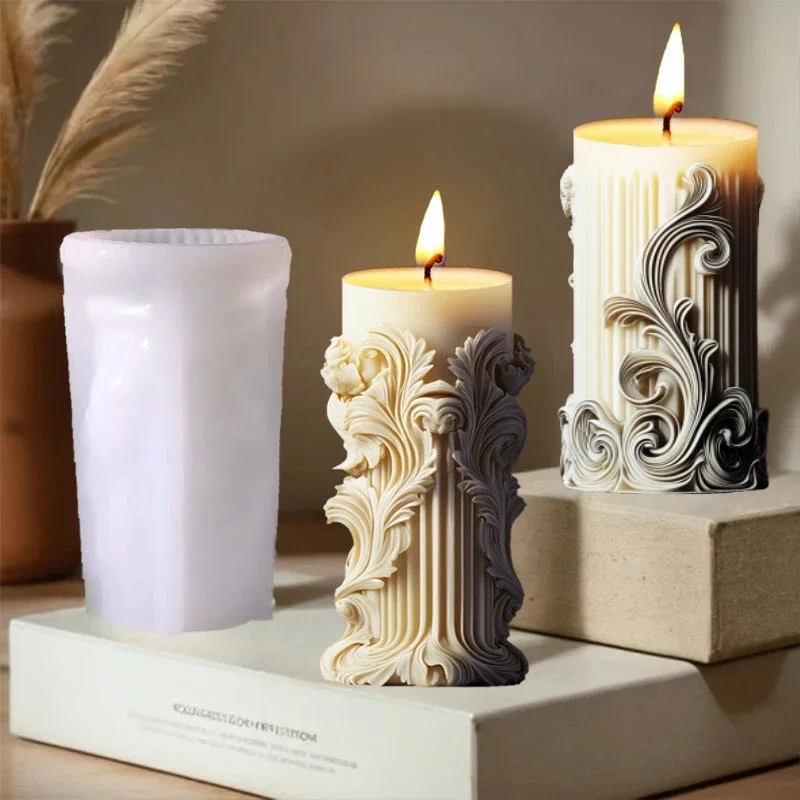 Wave pattern relief cylindrical candle silicone mold rattan flower carving Roman column candle mould curved column resin molds