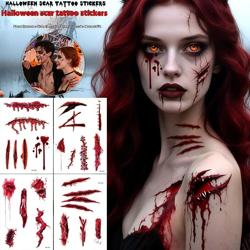 【SA】1 Sheets Halloween Scar Tattoos Stickers Temporary Bloodstain Wound Costume Festival Celebration Make Up Arm Face Tattoo