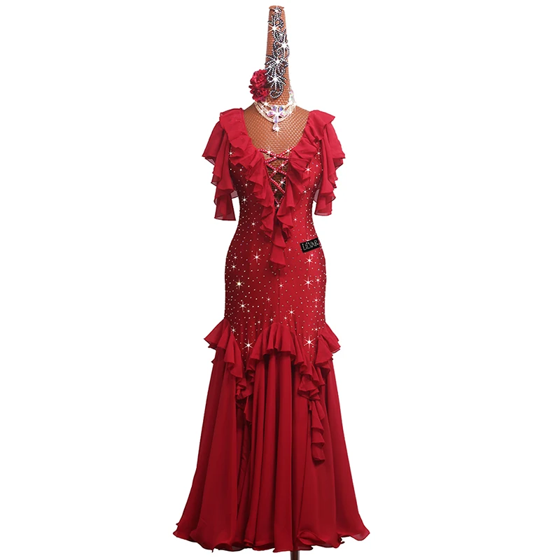 New Modern Dance Skirt Competition Performance Dress Wine Red Slim Fit Large Swing Sparkling Diamond Long Dance Skirt