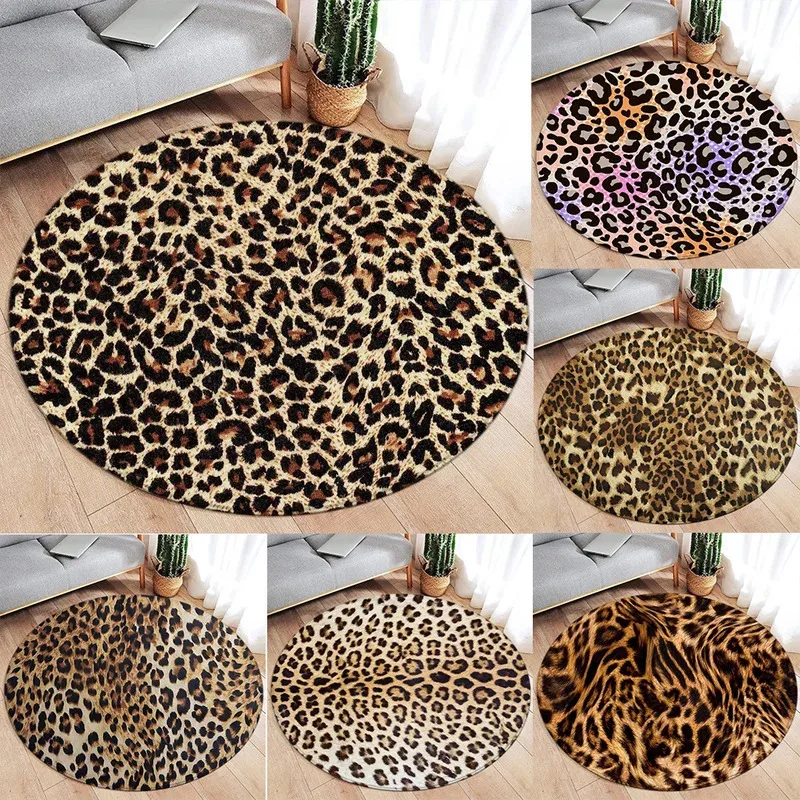 VIKAMA Vintage Leopard Print Round Rug Luxury-Inspired Wild Pattern Home Living Room Bedside Mat Home Decoration