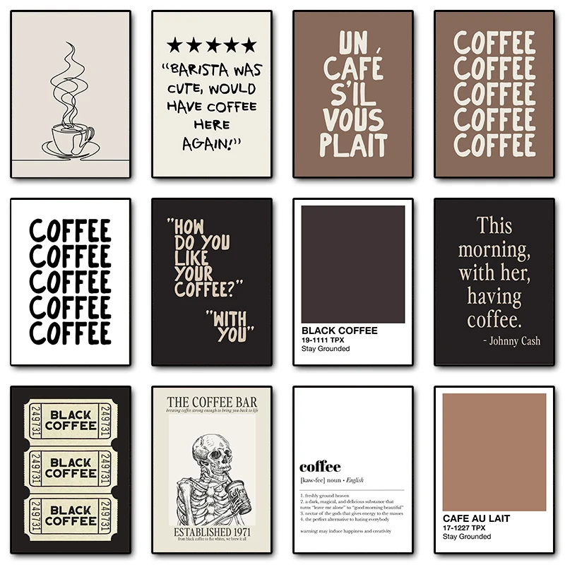 Minimalistisches Kaffeetassen-Linienkunst Skelett Kaffeebar Leinwanddruck Poster Wandbild für Küche Café Dekoration Kaffeeliebhaber Geschenk
