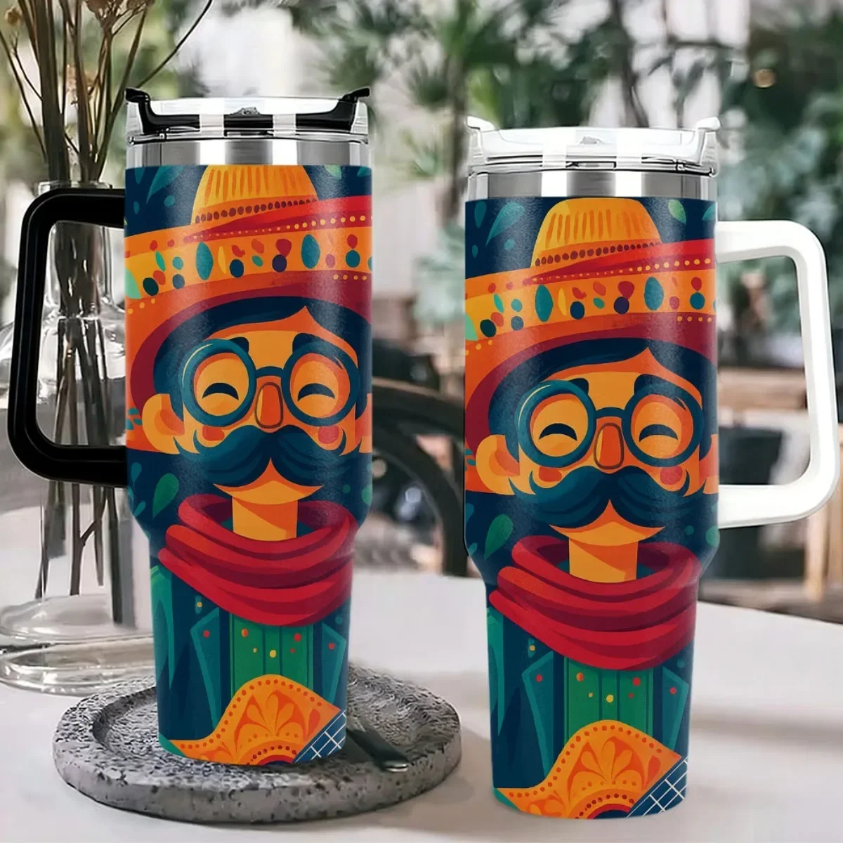 40oz Tumbler with Handle Mexican Man Cartoon Print Insulated Cup, Other Colors Out of Stock, Random Black‑White Shipment