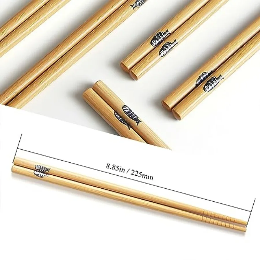 5-Pair Reusable Bamboo Chopsticks, Classic Japanese Style Chop Sticks for Gift Set, Dishwasher Safe, Hand-Carved 8.8 Inch/22.5c