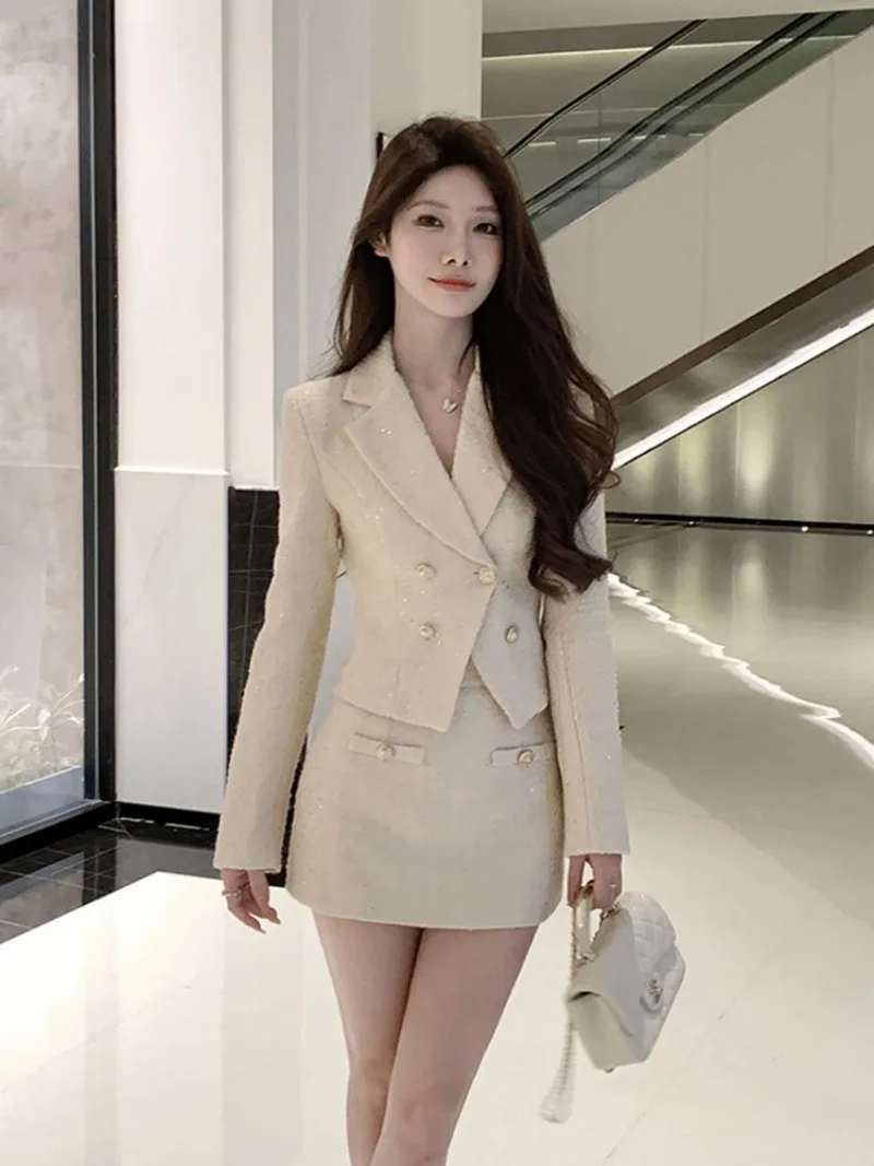 Nuovo piccolo profumo moda sottile abito da donna di fascia alta elegante manica lunga cappotto corto + minigonna tinta unita set a due pezzi