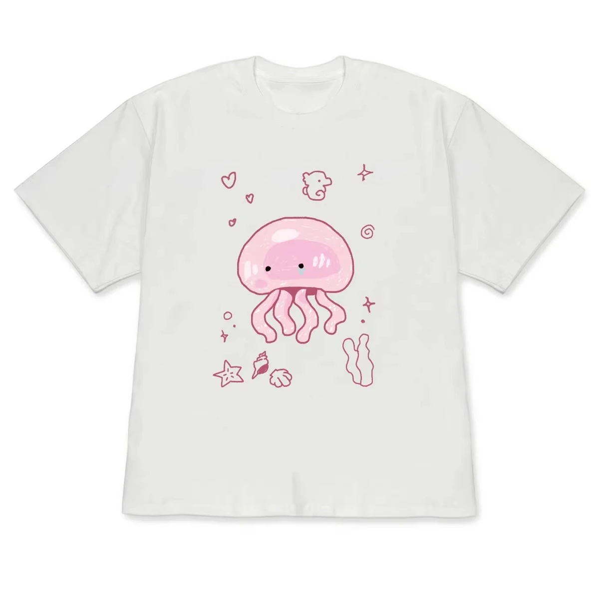 Unisex Cute Ocean Animal Graphic T‑Shirt Hand Drawn Shark Seahorse Jellyfish Octopus Puffer Fish Print Casual Short Sleeve Tee