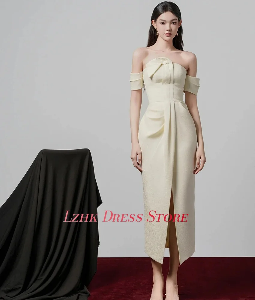 Customized New fashion Jersey Straight Off the Shoulder Evening Dress Delicate Short Sleeves Strapless Ankle Length Party Gowns