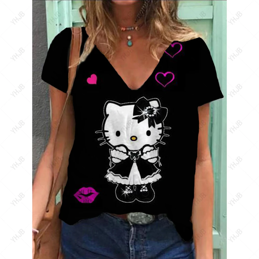 

Summer Women T-shirt 3D Fashion Hello Kitty 2025 Hot Sale Anime Peripheral T-shirt cute Cartoon Fashion V-neck New T-shirt