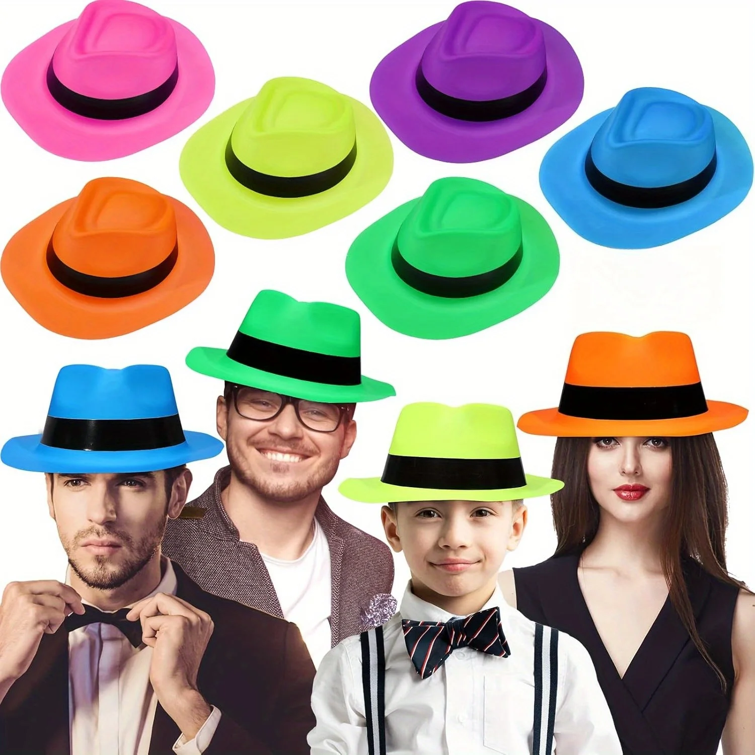 6/12 Piezas de Sombreros de Fiesta Estilo Mafioso de Neón - Sombreros Brillantes para Disfraces de Gangster, Música, Discoteca, Cumpleaños, Accesorios para Fotomatón, Color Aleatorio