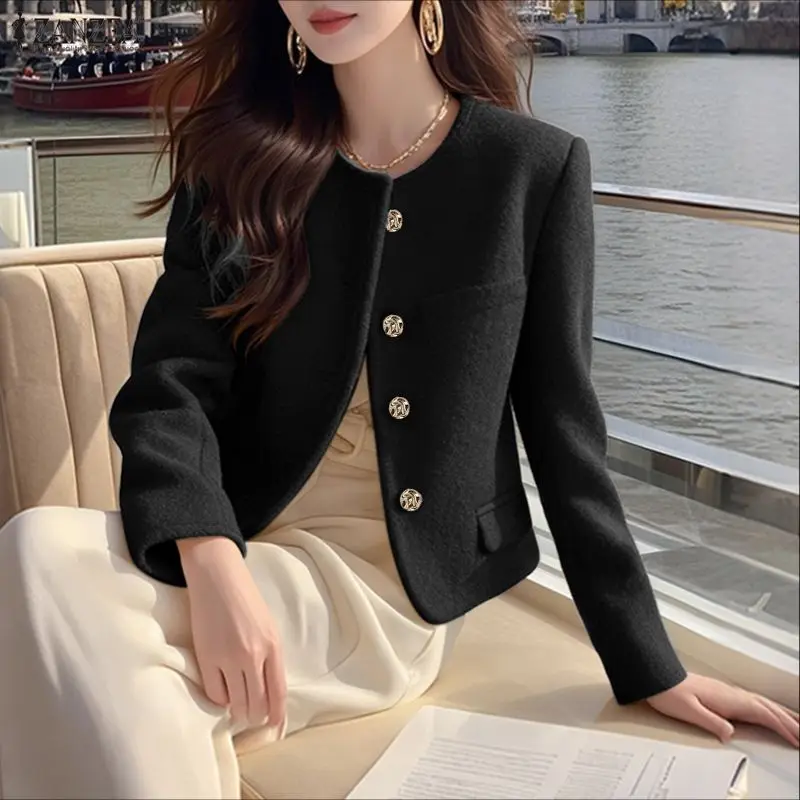 Elegant French Chic Woolen Jackets Women's Spring Fall O-Neck Long Sleeve Button Up Solid Color Coats ZANZEA Woman Clothes S-3XL