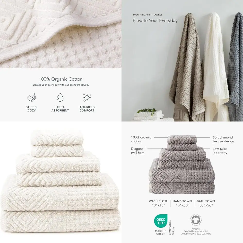 

Luxury Organic Cotton Diamond Jacquard Bath Towel Set - 6-Piece Cream, Soft & Absorbent