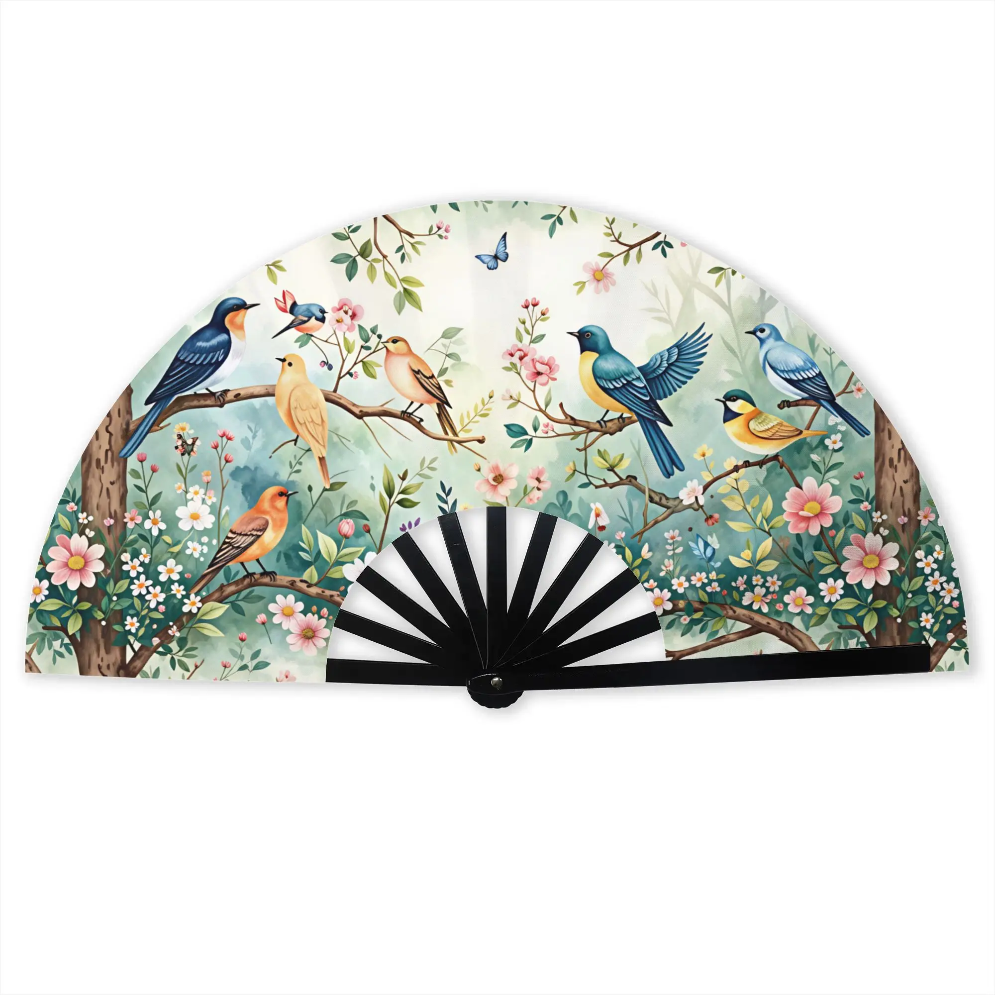 Birds Singing And Flowers Fragrant  Portable Pocket Fan Travel  Folding Fan Chinese Dance Cooling Handheld Fans