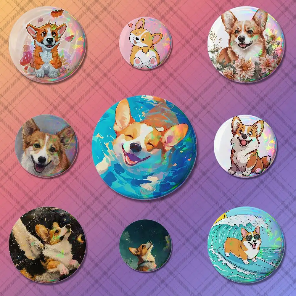 

Cartoon Art Cute Corgi Dog Badges Round Cosplay Pin Bag Decor Fans Collect Friends Gifts Brooch Souvenir