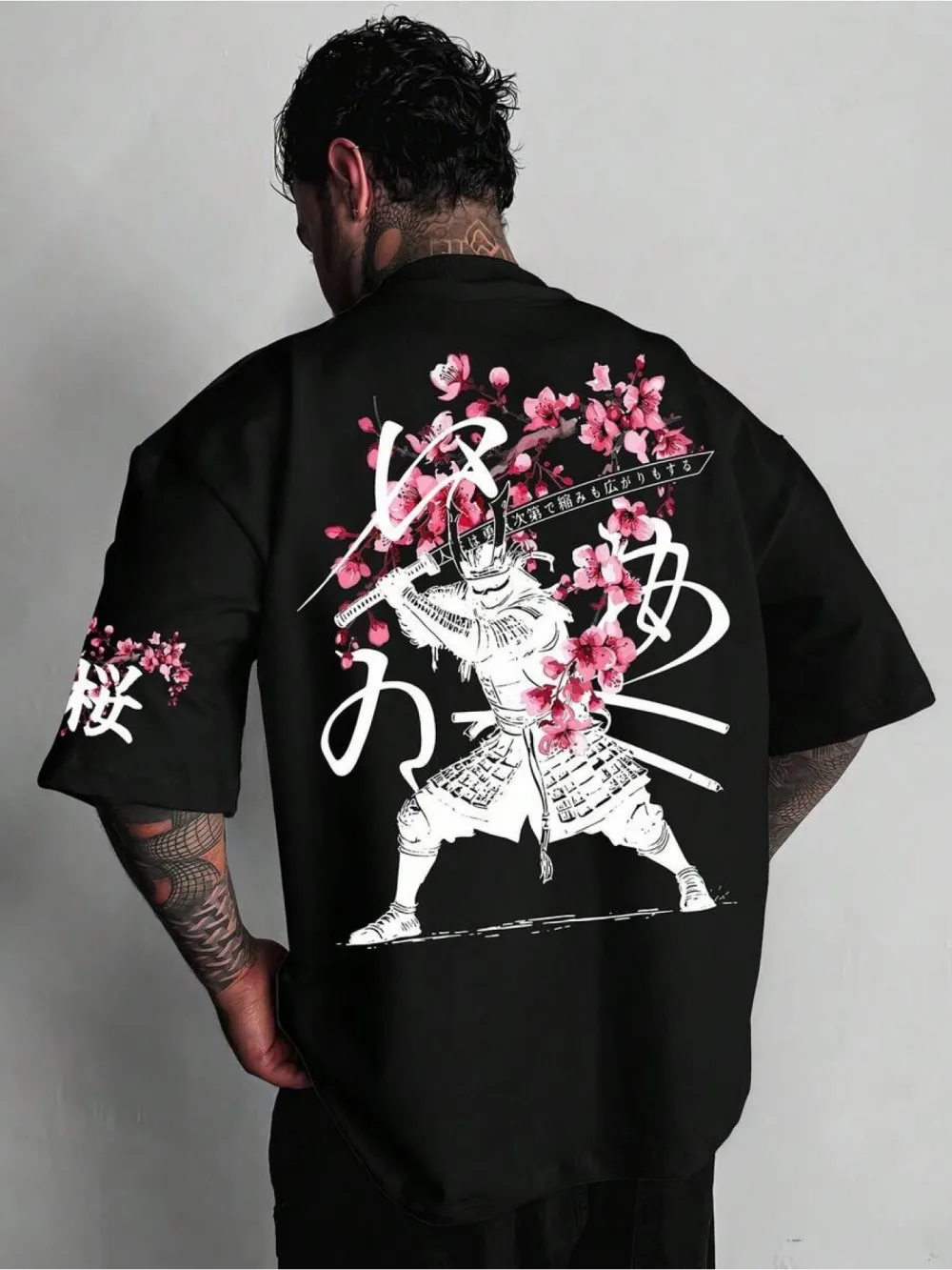 American men's summer cherry blossom wandering warrior letter print comfortable and breathable round neck T-shirt outdoor street