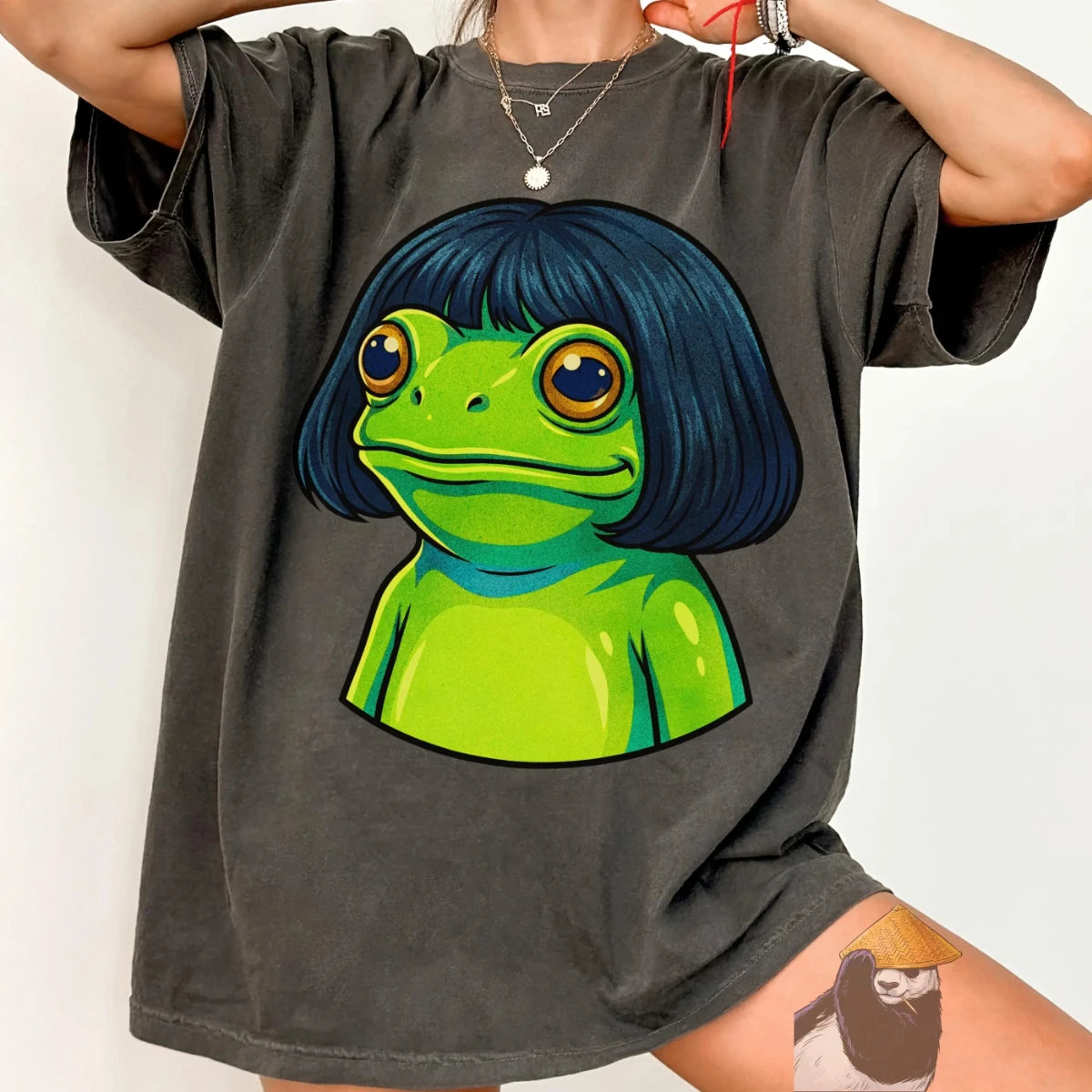 Frog Emoji T-shirt Retro Fun Frog Clothing Gift Cartoon Amphibian Humorous Printed T-shirt Women's Daily Casual Street Dressing
