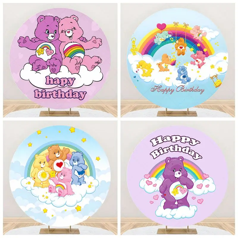 Care Bear Round Photo Backdrop Custom Kids Birthday Party Cartoon Rainbow Circle Photography Backgrounds Baby Shower Decoration