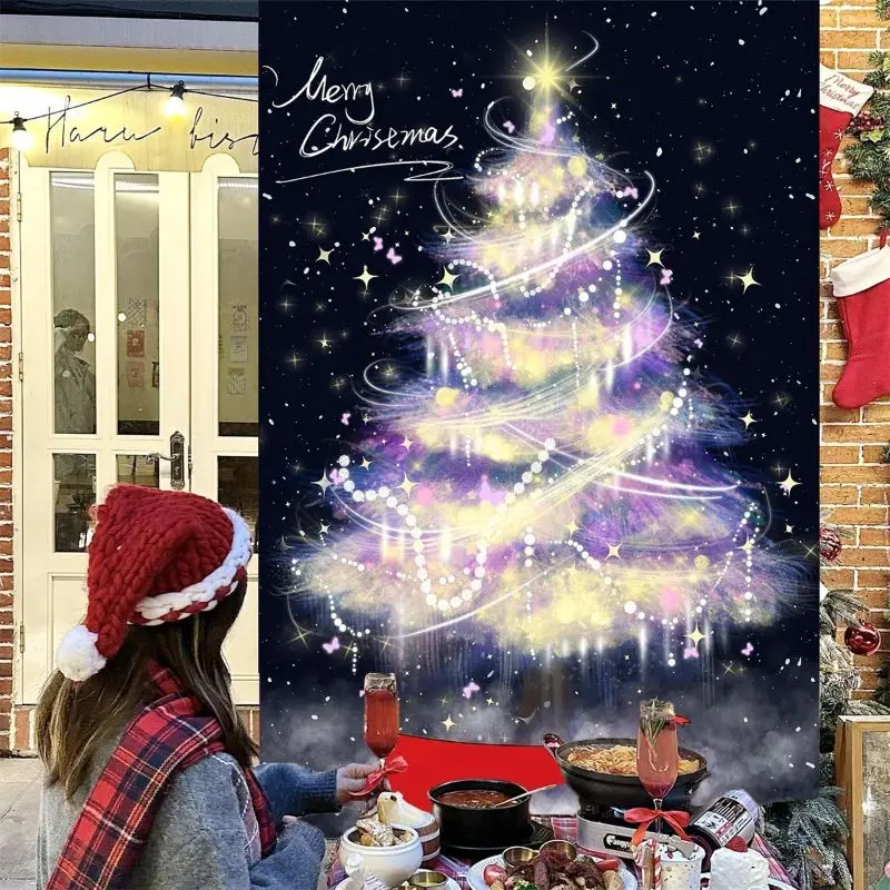 VIKAMA Black Purple Magic Christmas Tree Wall Tapestry Merry Text Golden Light Sparkle Star Dreamy Fantasy Holiday Home Decor