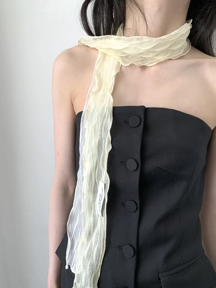 

Korean Sle Long Narrow Lace Scarf 2025 New Spring Trendy Girl Clothing Y2K Ruffle Scarf Polyester Fabric ex