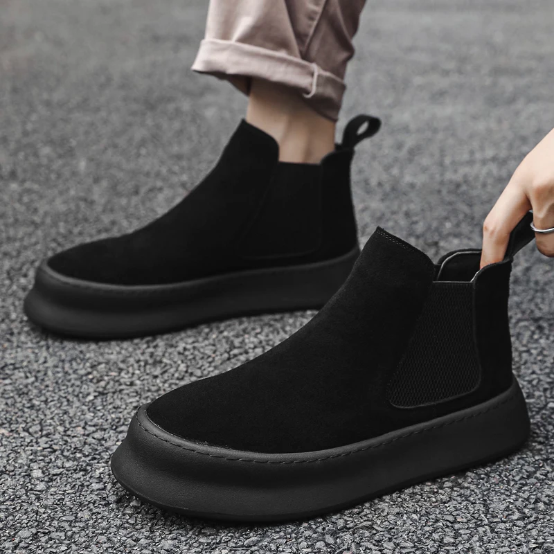 Fashion Brand Men Genuine Leather Mid Top Boots with British Style Autumn Winter Men Anti Slip and Wear-resistant Chelsea Boots