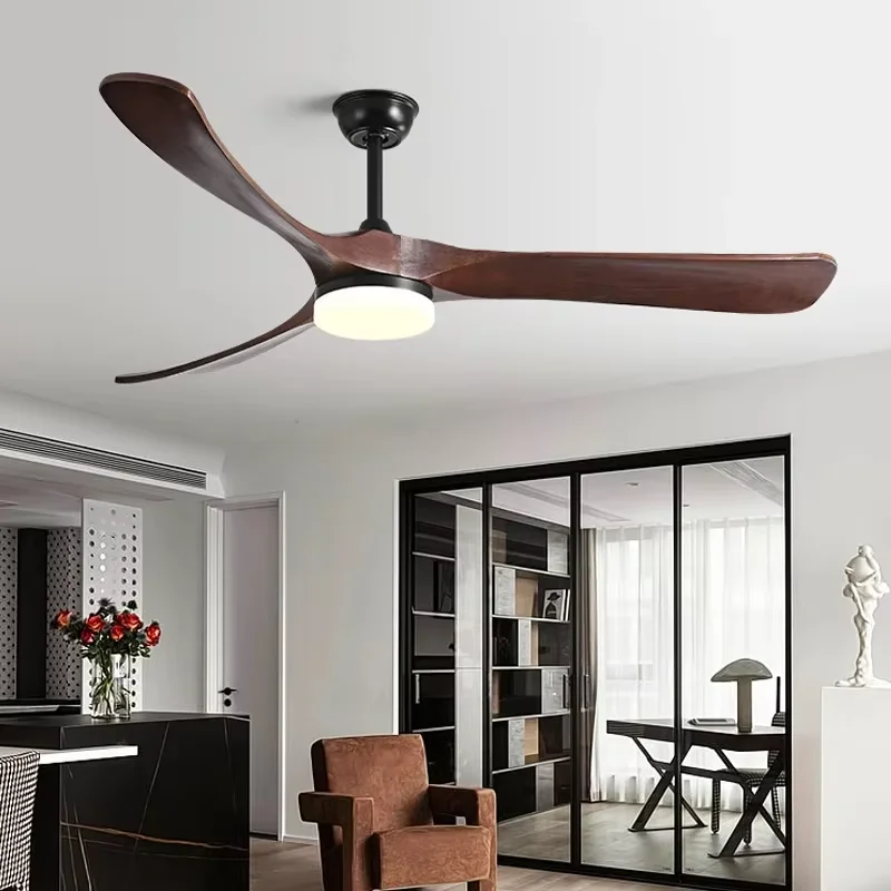 Retro wind power simple dining room silent inverter electric fan Multi-size luxury natural wood LED ceiling fan with light