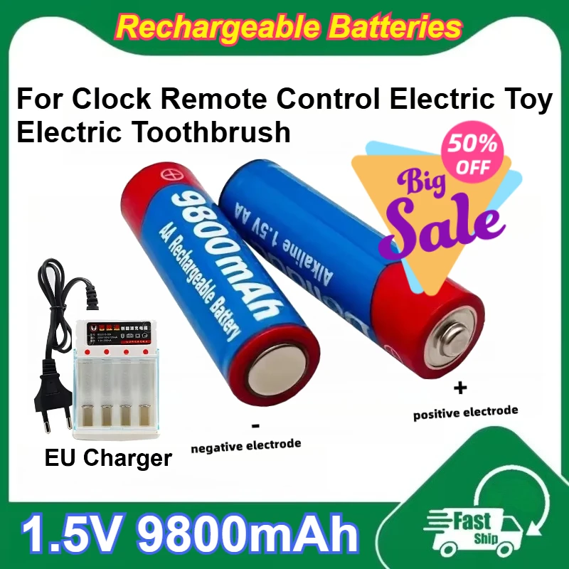 

2 Pcs-12 Pcs AA 1.5V 9800mAh Rechargeable Alkalinity Battery for Clock Remote Control Electric Toy Electric Toothbrush + Charger