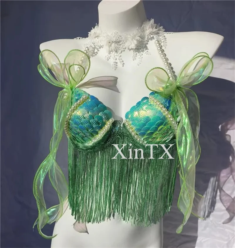 Sexy Bikini Bra Swimsuit Electro Syllable Lace Seduction Bar Reality Show Handmade Scales Mermaid With Decoration Beach Vacation