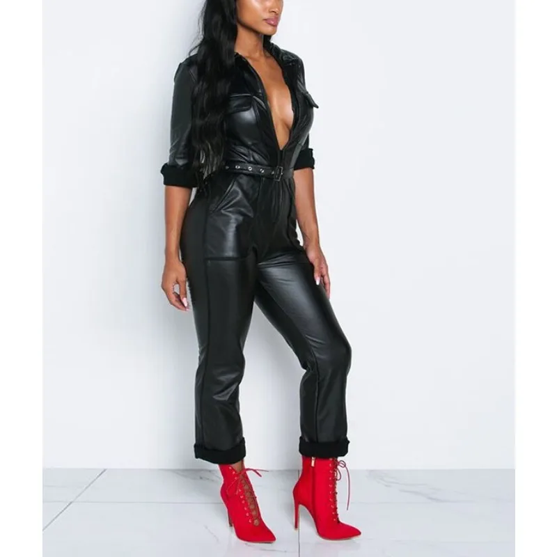 Krisnanas Pu Leather Female Jumpsuits 2025 Sporty Woman Lapel Long Sleeve Zipper Pockets One Piece Sport Pants with Belt 68480