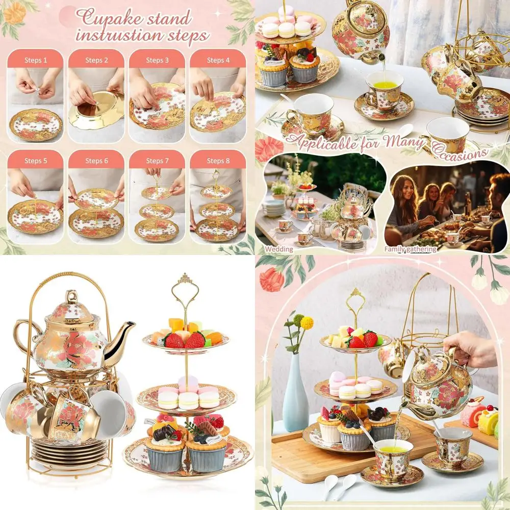 

Adults' European-Style 21-Piece Floral Tea Set with Metal Stand, 3-Tier Ceramic Cake Stand, and Porcelain Teapot - Perfect for C