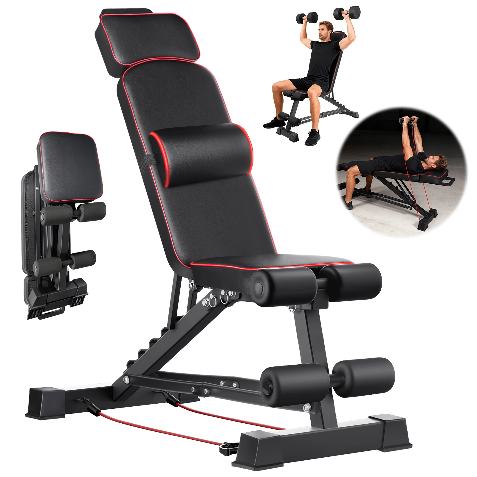 Banco de Pesas Multifuncional Plegable, Equipo de Gimnasio en Casa Ajustable, Estable y Resistente, Entrenamiento de Cuerpo Completo con Cuerda de Tracción