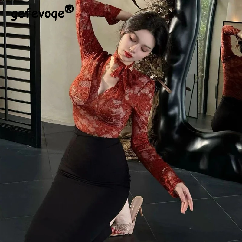 

Women Clothing Sexy See Through Hollow Lace Ribbon Elegant Basic T Shirt Spring Autumn Deep V Neck Red Long Sleeve Slim Fit Tops
