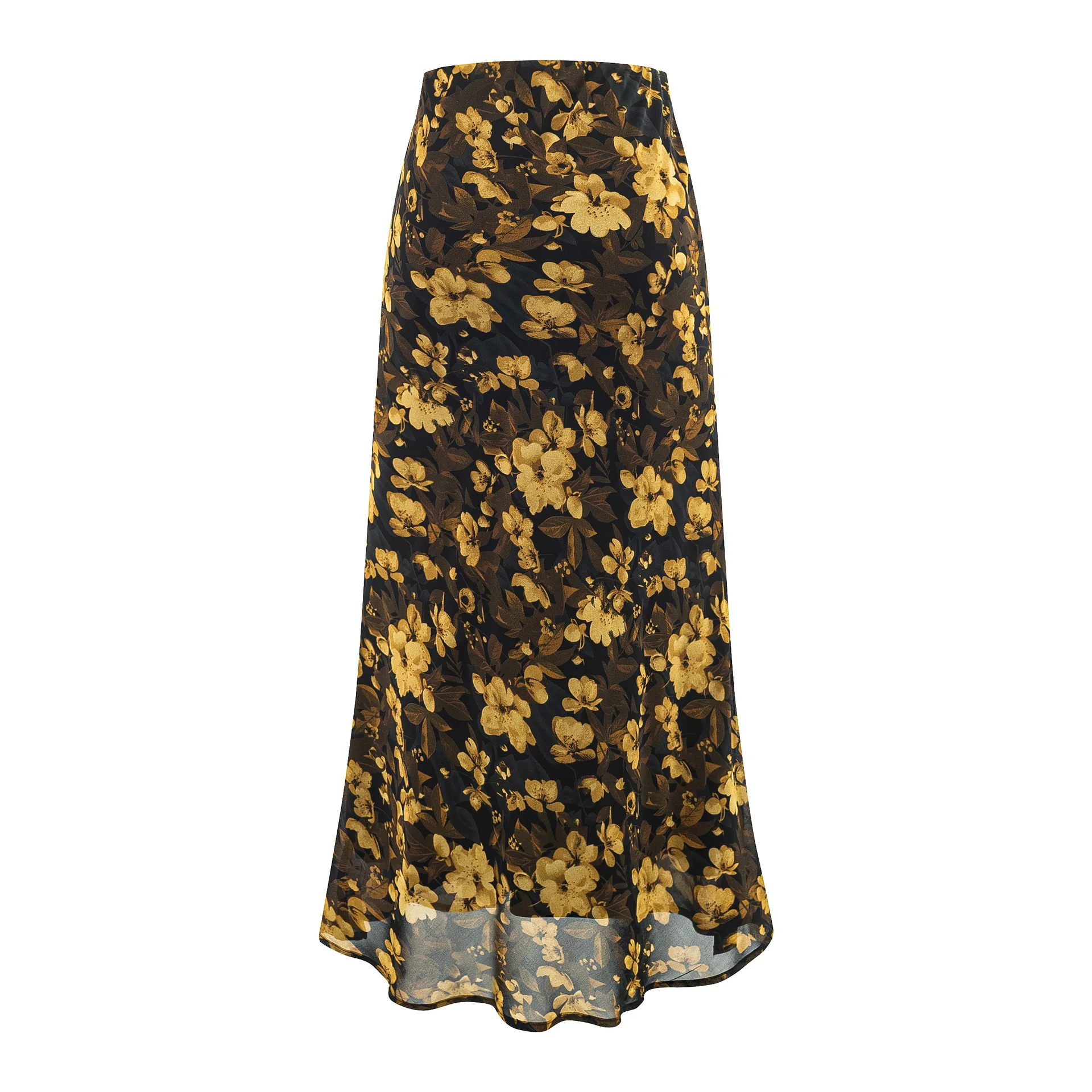 Elegant Black And Gold Floral Print Midi Skirt For Women High Waist French Floral Skirt Elegant Slimming Long Skirt Casual 8GC1