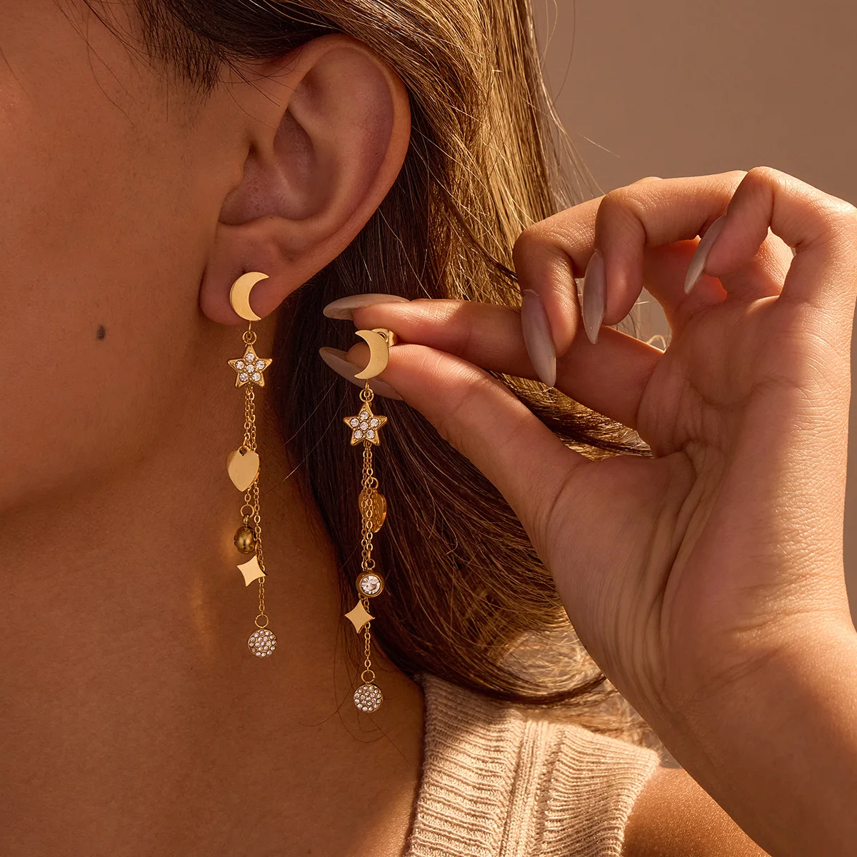 

NISHIZAWA Stainless Steel Earrings Star Moon Tassel 18K Gold Plated Earrings Fashion Designer Earrings