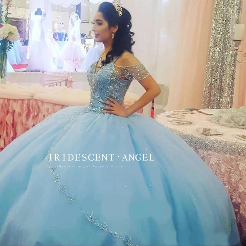 Vestido De baile De tul iridiscente para niñas De 15 años, vestidos De quinceañera, vestido De fiesta De cumpleaños, abalorios, tirantes finos