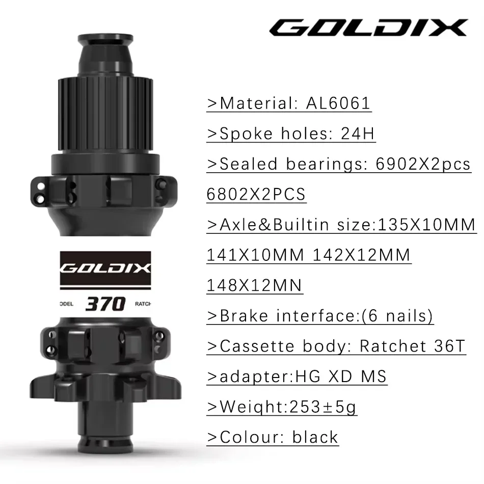 GOLDIX M370 Bicycle Hubs 24 Hole Straight Pull Spoke 6-bolt Disc Brake Mountain Bike Bearing Hub Ratchet 36T HG/XD/MS Hub Body