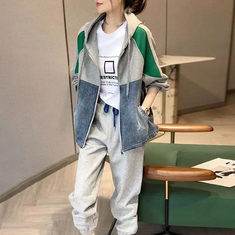 Fashion Denim Jacket Women\'s Korean Casual New Hooded Sweatshirt Denim Jacket Spring and Autumn Patch Patchwork Jacket 2023