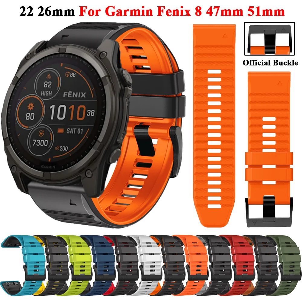 22 26mm QuickFit Silicone Watch Bands Compatible with Garmin Fenix 8 Fenix E 47mm 51mm/7/7X Pro/6/6X Pro/5/5 Plus Strap Bracelet