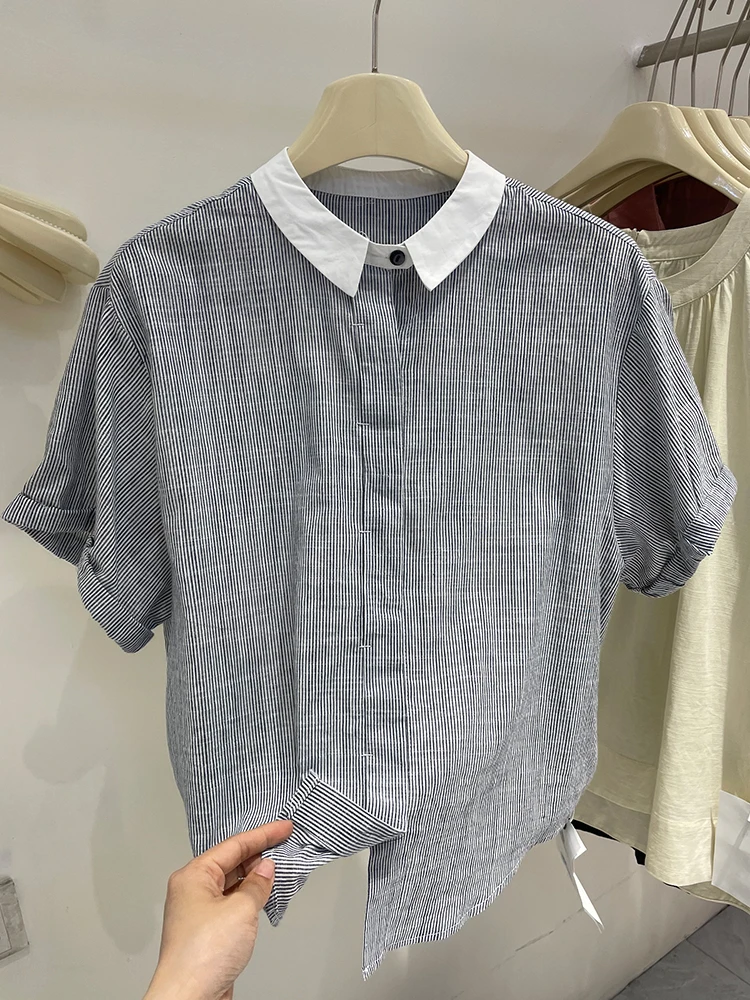 

Retro Striped Women's irt Versatile Faionable Summer 2025 Collar ort Sve Loose Fit Classic Design Sensation