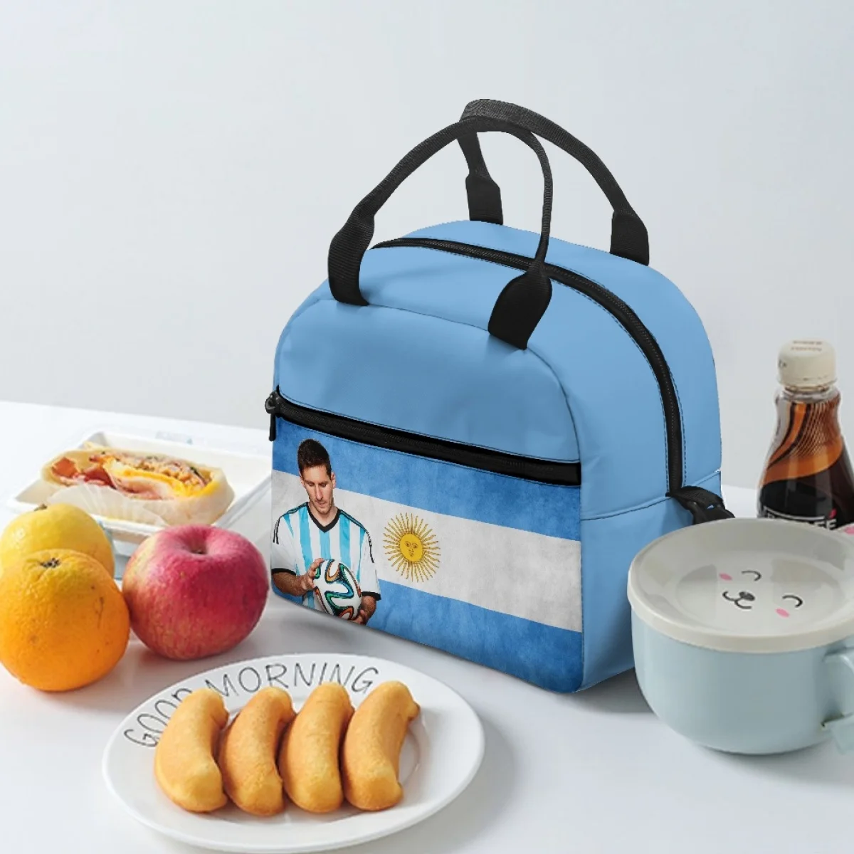 Messi-fiambrera con patrón de Argentina para mujer, bolsa de almuerzo aislada de gran capacidad, bolsas de viaje para estudiantes, tela delicada que no se decolora