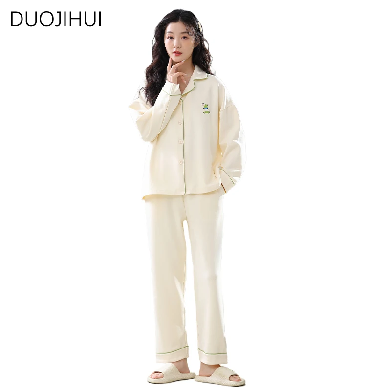 DUOJIHUI Korean Chic Printing Contrast Color Female Pajamas Sets Basic Cardigan Simple Pant Loose Casual Home Pajamas for Women