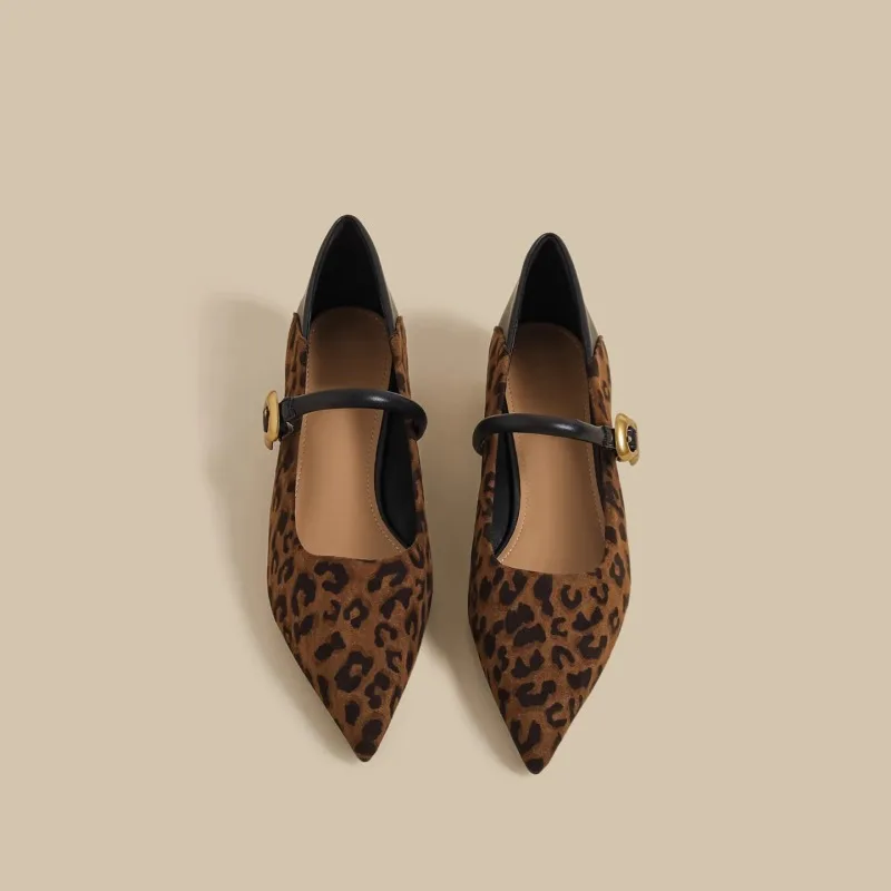 New Style Women's Loafers Women Cowhide Round Toe Square Heels Leopard Print Sewing Outdoor Casual Flats Female Zapatos Mujer