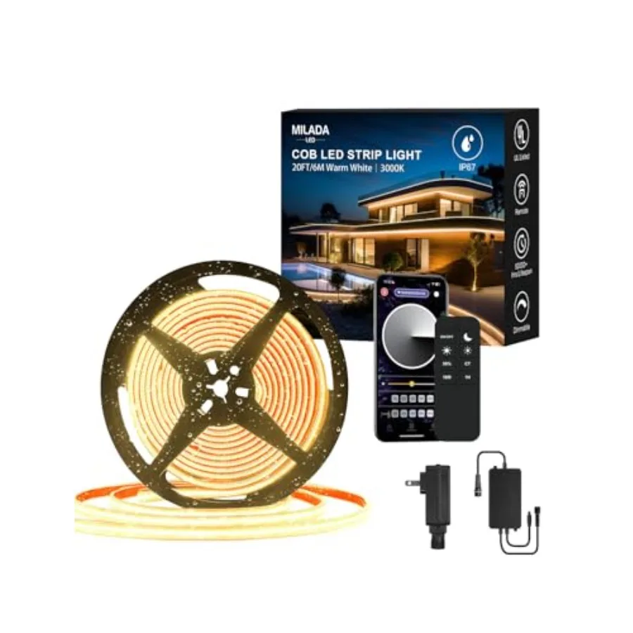 20Feet COB LED Strip Lights Outdoor IP67 Waterproof, 6M, Flexible DC 24V, Remote and App Control, Dimmable, Warm White 3000K Le