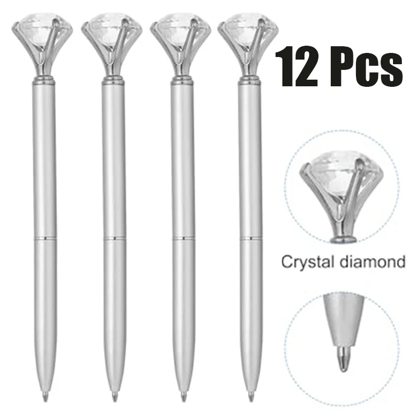 12Pcs Crystal Diamond Top Ballpoint Pens, Silver Metal Twist Pens 0.5mm Black Ink